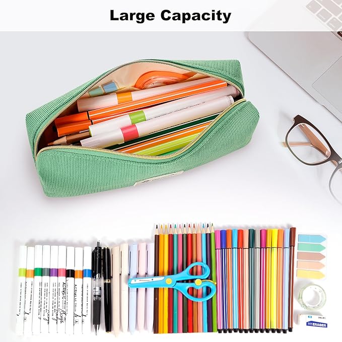 FINPAC Pencil Case, Corduroy Aesthetic Makeup Bag, Cute Kawaii Pen Bag Pouch Holder Box Organize for Study, Office, or Travel (Grass Green)