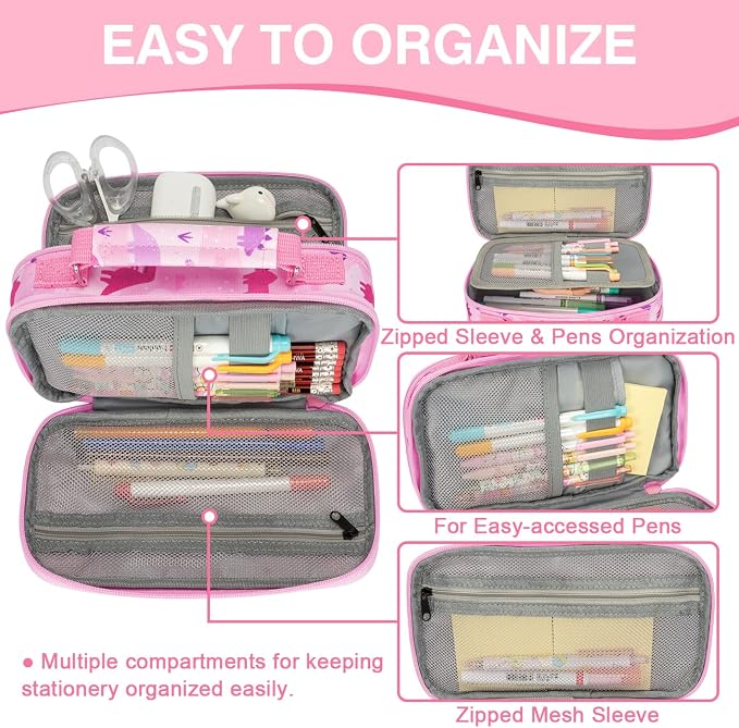 VASCHY Pencil Case for Girls, Aesthetic Kawaii Large Pencil Pouch Stationary Pencil Bag/Box for Preppy Kids, Pen Organizer Holder School Supply Pink Dinos