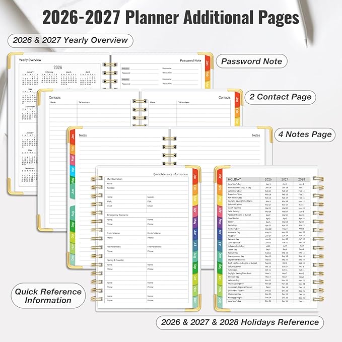 Daily Planner 2026-2027, 18 Month Planner with Tabs, January 2026 - June 2027 Weekly and Monthly Academic Year Calendar Spiral Time Management, 100GSM Thick Paper, Twin-Wire Binding, A5 Size, Multicolor