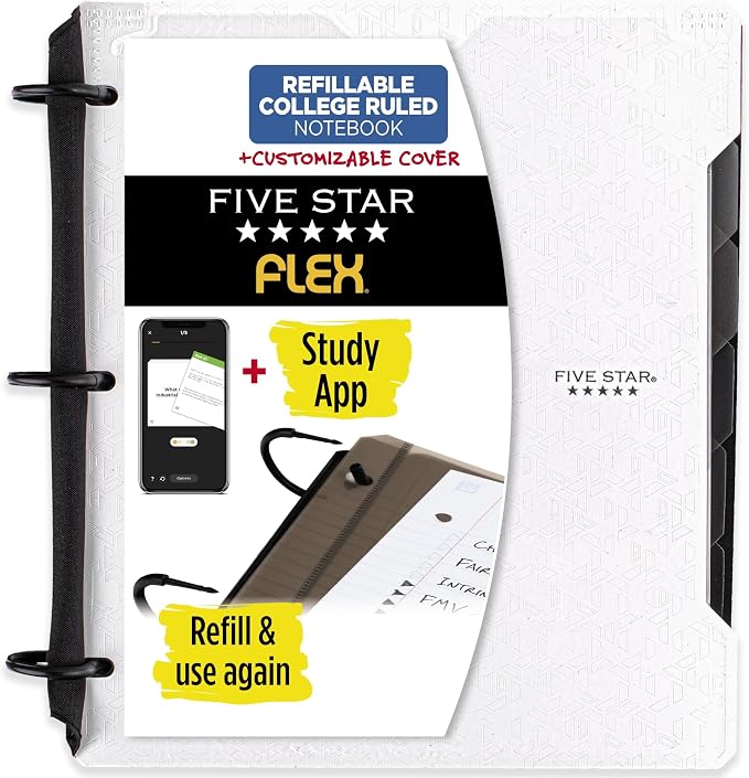 Five Star Flex Refillable Notebook + Study App,College Ruled Paper and 1 Inch TechLock Ring Binder with Customizable Cover,Pockets,Tabs and Dividers,200 Sheet Capacity,White (29326AE2) (Pack of 6)