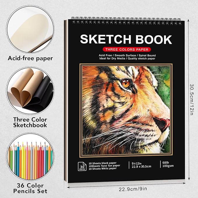 Drawing Sketchbook Kit, Sketch Book with 36 Color Pencils, Three Color Black Sketch Pad, Acid-Free Drawing Pad for Artist, Art Paper Painting Supplies for Gifts (9×12 inch)