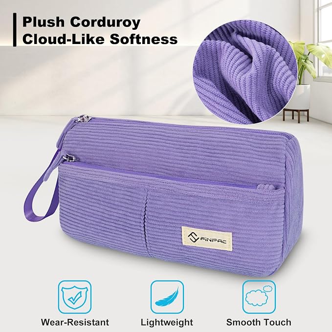 FINPAC Pencil Case, Corduroy Triangle Makeup Bag Kawaii Pen Bag Pouch | Pencil Holder Box Organize for Study, Office, or Travel, Purple