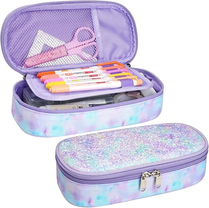 Cambond Pencil Case for Girls - School Pencil Pouch Kids, Glitter Purple | Cute Pencil Case for Kids With Name Card and Slot, Girls Aesthetic Shool Supplies for Staionary, Water-Resistent Pen Bag