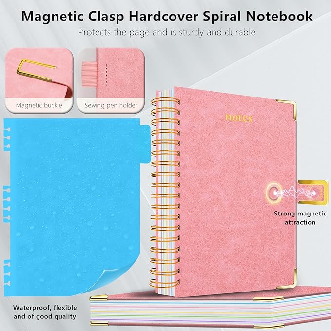 Hardcover Spiral Notebook College Ruled, 6.2"x 8.2" Leather Journal Notebook with Magnetic Closure, 300 Pages 5 Subject Notebook with Dividers Tabs Journal for Women Men, Work, School(Pink)