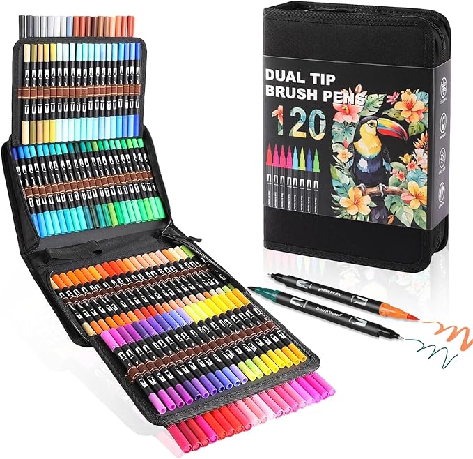 TOSHARE Art Markers Pens Dual Tip Coloring Markers Set with Brush & Fine Nib for Adult Coloring Book Brush Pens Professional Calligraphy & Drawing Art Supplies Kit for Adults (120 Colors)