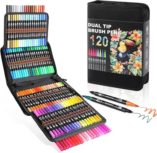 TOSHARE Art Markers Pens Dual Tip Coloring Markers Set with Brush & Fine Nib for Adult Coloring Book Brush Pens Professional Calligraphy & Drawing Art Supplies Kit for Adults (120 Colors)