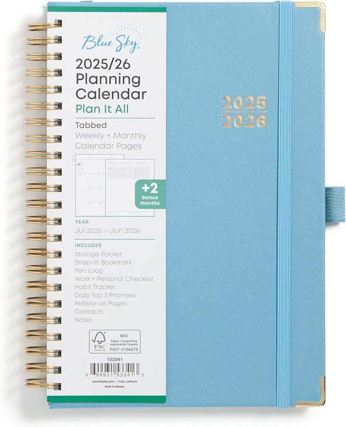 Blue Sky 2025-2026 Weekly and Monthly Academic Year Planner Calendar, July 2025 - June 2026, 5" x 8", Faux Leather Cover, Wirebound, Storage Pocket, Laminated Tabs, Blue Haze