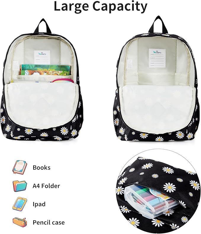 KK CRAFTS Preschool Backpack Kindergarten Little Kids Toddler Elementary School Backpacks for Boys and Girls with Chest Strap(17Inch, Daisy-Black)
