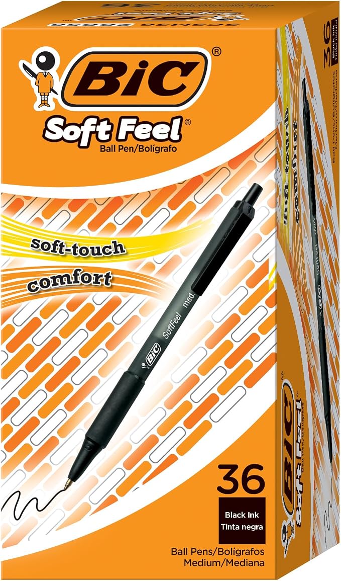BIC Soft Feel Black Retractable Ballpoint Pens, Medium Point (1.0mm), 36-Count Pack, Black Pens With Soft-Touch Comfort Grip, Pack of 12