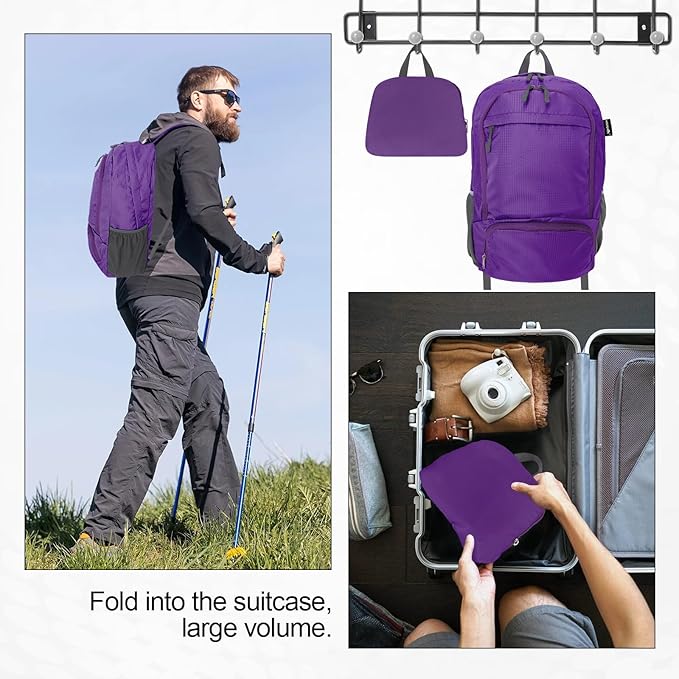 HOLYLUCK 20L Lightweight Packable Hiking Daypack Foldable Backpack for Men Women Small Travel Outdoor Foldable Shoulder Bag-purple