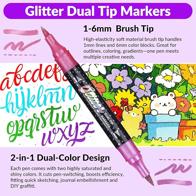 KEMYR Glitter Effect Brush Markers Pens,24 Colors Dual Tip Glitter Pens Set 12 Pack Metallic Sparkle Markers for Cards, DIY Crafts, Doodle, Writing, Adults Coloring Books, Art Supplies Scrapbooking