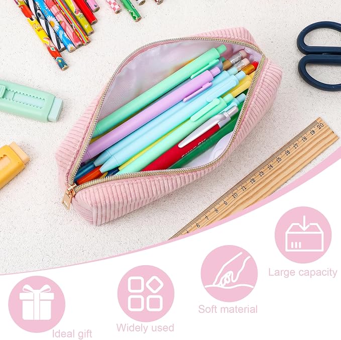 Corduroy Pen Case, Aesthetic Pencil Pouch, Simple Pen Bag with Practical Zip Portable Makeup Bag Stationery Pouch for Women(Pink)