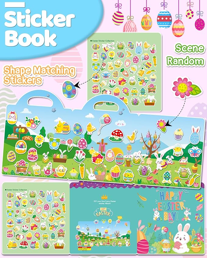 Benresive Reusable Sticker Book for Toddlers, Stickers for Kids, Travel Toys for Arts & Crafts Activities, Birthday Gift for Boys & Girls, Easter Themes