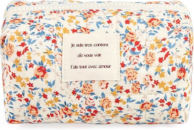 Sminra Floral Makeup Bag Small Cotton Quilted Cosmetic Bag Organizer, Aesthetic Cottagecore Preppy Portable Pouch Purse Toiletry Bag for Women Girls Travel accessories (Red Floral-S)