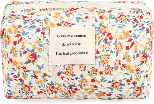 Sminra Floral Makeup Bag Small Cotton Quilted Cosmetic Bag Organizer, Aesthetic Cottagecore Preppy Portable Pouch Purse Toiletry Bag for Women Girls Travel accessories (Red Floral-S)