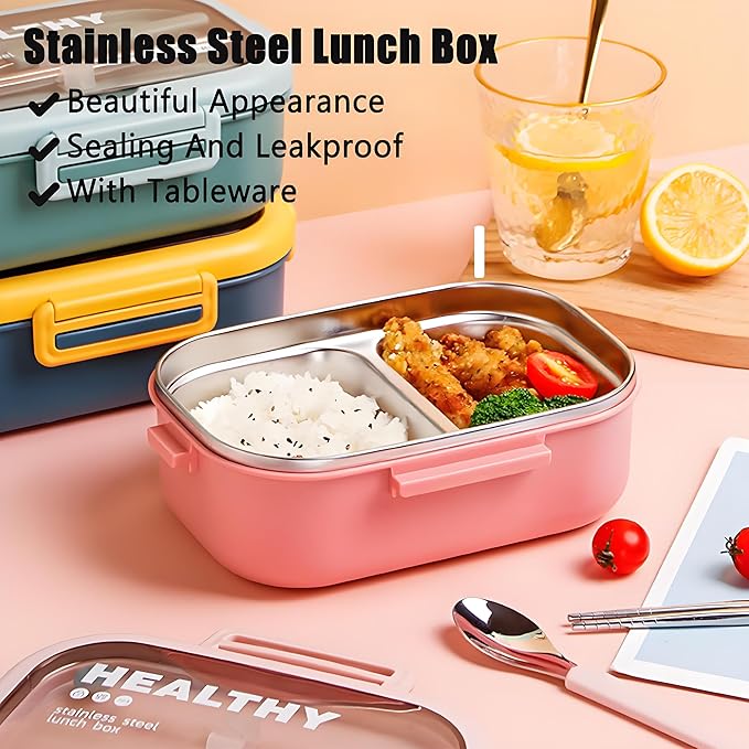 Stainless Steel Lunch Box, 2 Compartment Bento Box for Adults, Easy to Clean, Leak-Proof Design, Food Storage Container with Tableware for Family, Work, Picnics and Travel(850ml, Pink)