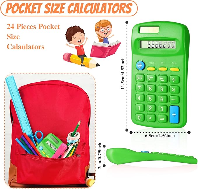 Copkim 24 Pack Student Mini Calculator for Classroom, 8-Digit Display Dual Powered Handheld Math Tools for Teachers, School Supplies and Classroom Rewards, Compact Design(Green)