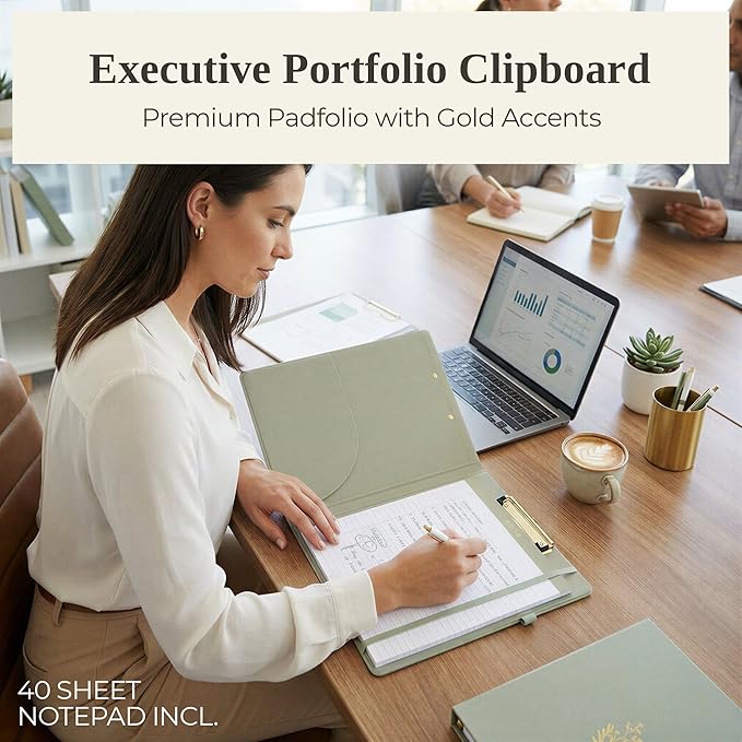 Aesthetic Clipboard Folio with Refillable Lined Notepad & Interior Pocket – Cute Padfolio/Legal Pad Holder for Women – Easily Organize Notes at Work, School, or Home