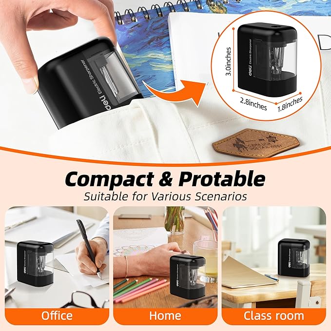 deli Electric Pencil Sharpener, Portable Pencil Sharpener for No.2 Pencils Colored Pencils, Battery Powered Electric Pencil Sharpener for School, Home, Office, Black