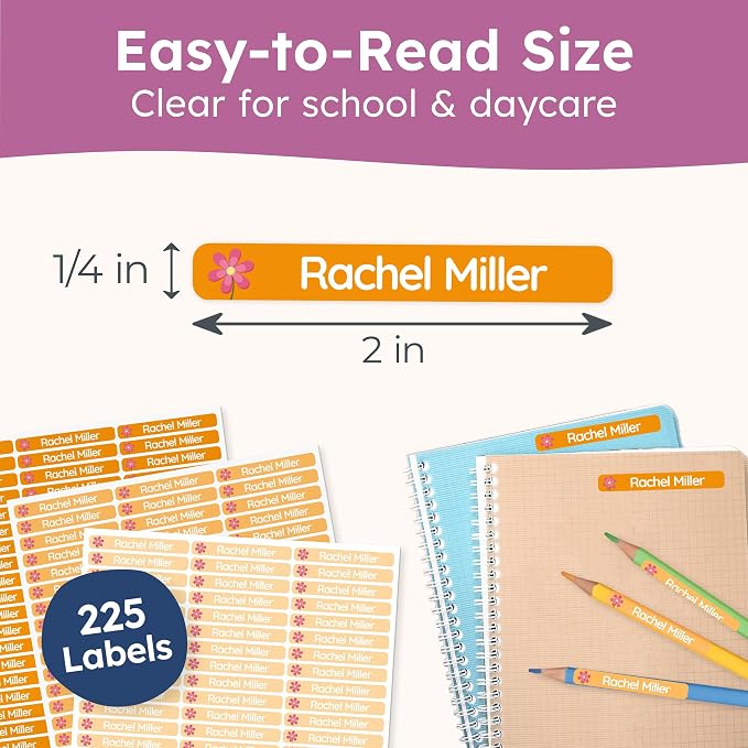 Personalized Kids Name Labels for Pencils Orange [225pcs] - Waterproof Name Stickers for School & Daycare - Pencil Custom Name Stickers - Children Name Stick On Labels for Pens (2.0”x0.3”)