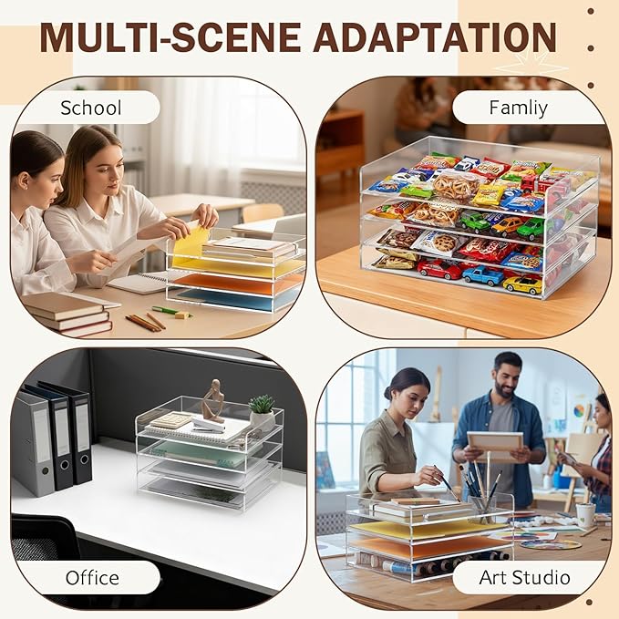 Harloon 4 Tier Acrylic Paper Tray Organizer, Heavy Duty Stackable Clear Organizer for A4/Letter Paper, Acrylic File Storage for Desk, Office Workspace, No Assembly Required, 13 x 10 x 1.7 Inches