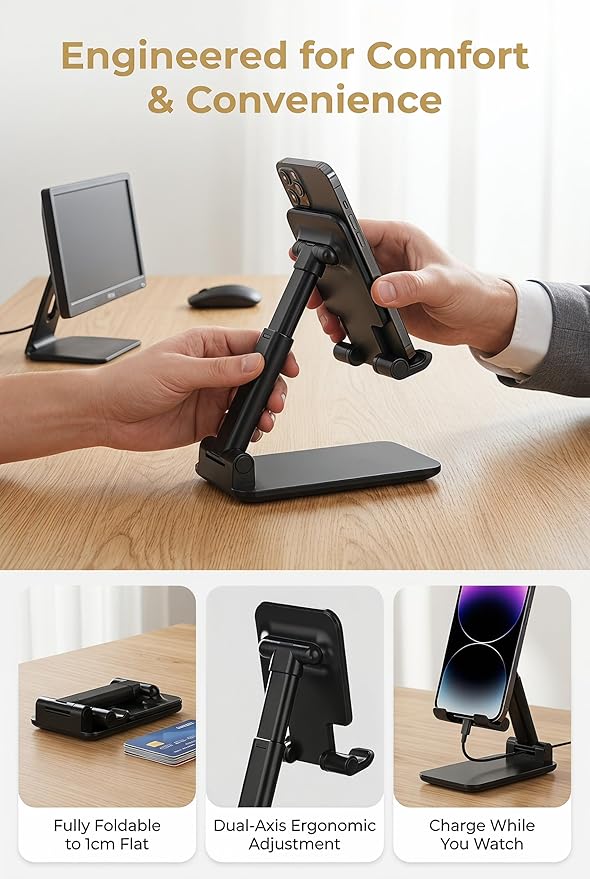 Phone Holder for Desk, MT-6 Cell Phone Stand for Desk Universal Cellphone Stand Holder Foldable & Height Adjustable Compatible Under 8” Device, with Silicone Mat, Black