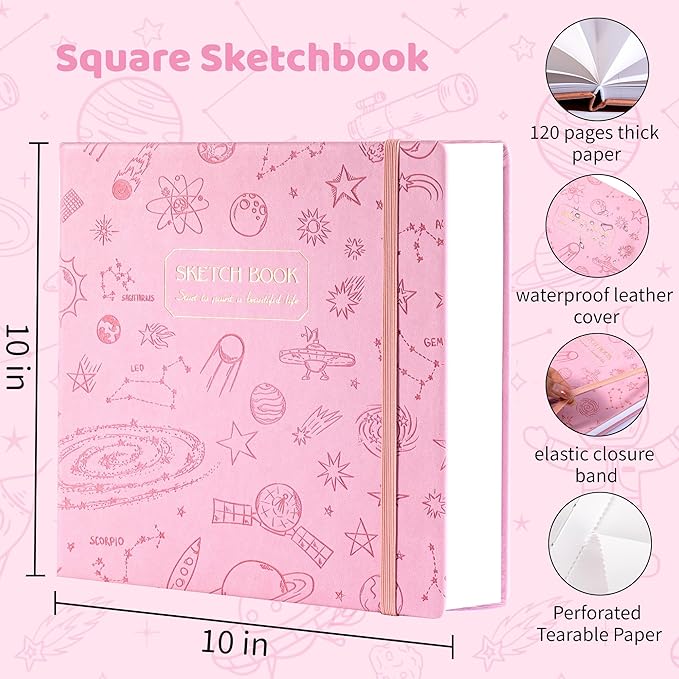 FLYING EAGLE Pink Sketchbook for Kids, 10"X 10" Square Sketch Book & Drawing Pad, 60 Sheets/120 Pages, 120lb/200GSM Heavy Paper, Bleed-Resistant Hardcover Drawing Book for Girls Teens, Gift Boxed