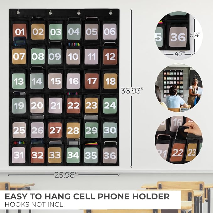 Premium Cell Phone Holder for Classroom - Durable Pocket Chart with 36 Numbered Slots & Hooks - The Perfect Hanging Chart for Phones, Calculators and Headphones Fits Nicely with Any School Decor