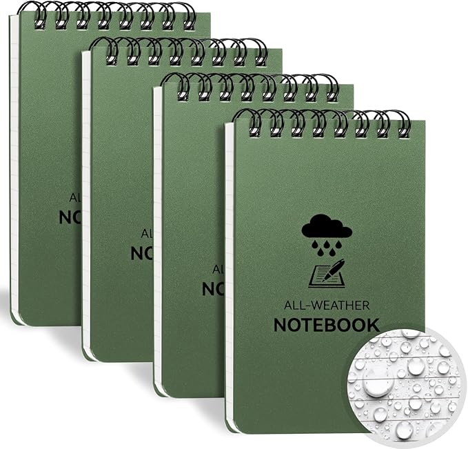 COIDEA Waterproof Notebook, 4 Pack Top-Spiral Pocket Notepad, 3" x 5" Weatherproof NotePad, Police Pocket Notebook Memo Steno Note Pads for Outdoor Office School Recording, Army Green