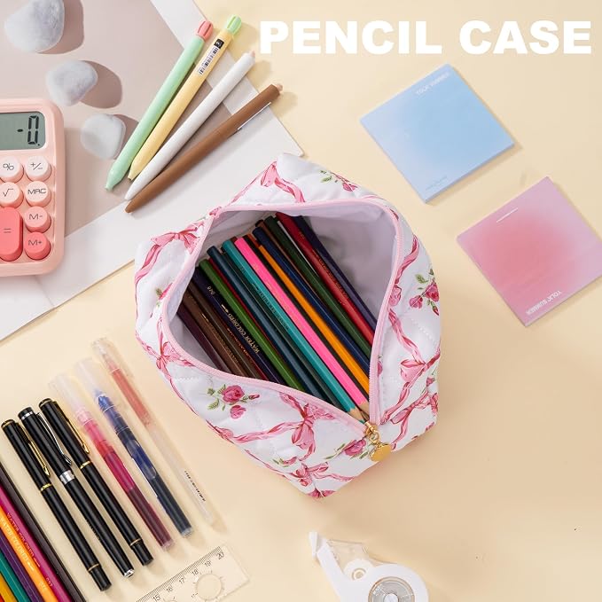 Makeup Bag Travel Toiletry Bag for Women, Small Cosmetic Bags Cute Quilted Cotton Makeup Pouch for Purse Emergency Bag Floral Pencil Case Accessory Bag, Bow and Floral