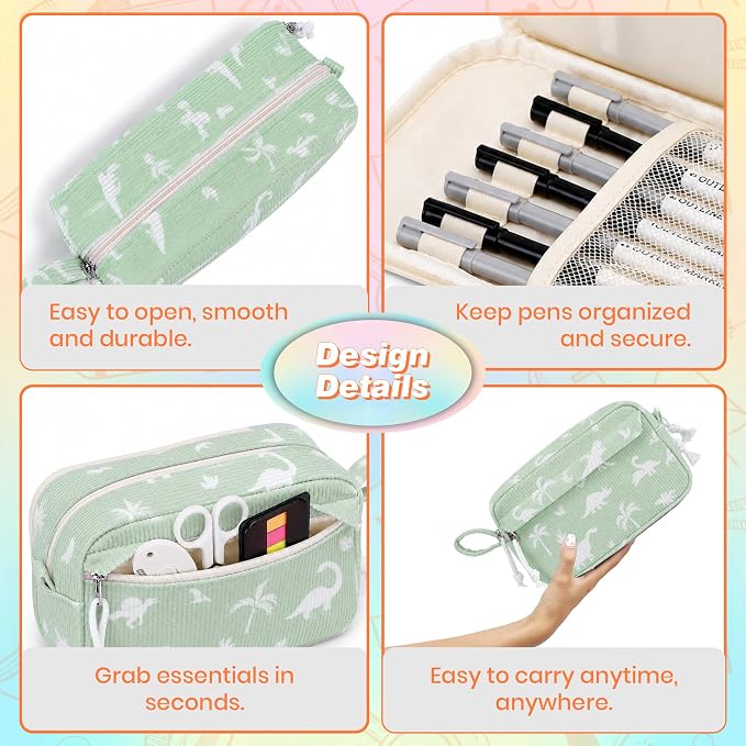 Big Capacity Pencil case,Soft Corduroy Pencil Bag with 3 Compartment,Pencil Pouch School Supplies Cute Pencil Box Pencil Bag for Teen Girls Boys College (Dinosaur)