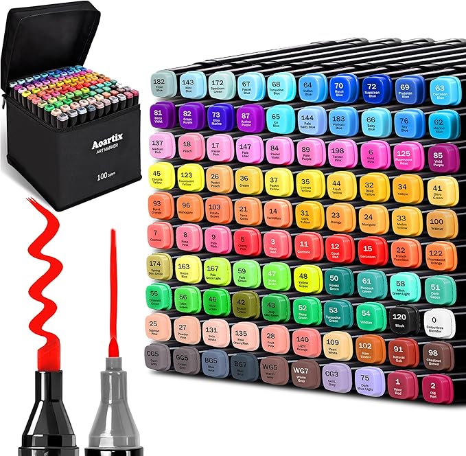 Alcohol Based Markers, 100 Colors Art Drawing Permanent Marker Set for Kids Adult Coloring Supplies, Dual Tips Fine & Chisel Coloring Marker for Artist Illustration Sketch Books