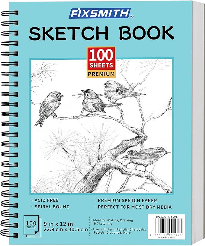 FIXSMITH 9"X12" Blue Sketch Book, 100 Sheets (68 lb/100gsm) Spiral Sketchbook, Acid Free Drawing Paper, Sketch Pad for Beginners,Artists & Professionals, Bright White