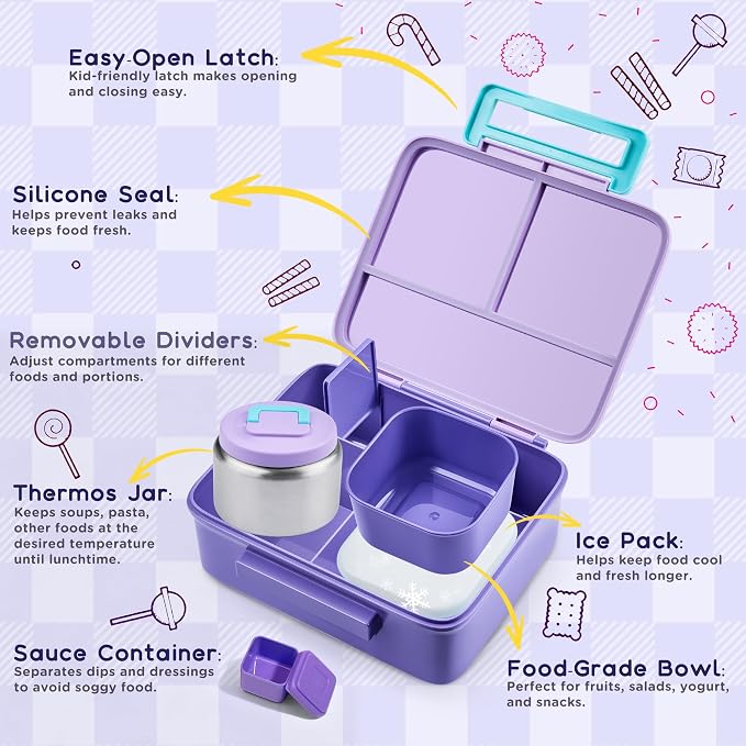 Bento Lunch Box for Kids with 8oz Soup Thermo Leak-Proof Lunch Food Containers with Snack Sauce Container for Kid Girls Boys to School,Purple Bag