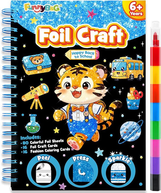 FUNNYB&G Foil Art Craft Kit for Boys 4-10 Years Old: Mess-Free & No-Glue, Create 16 Happy Back to School Pictures – Perfect Travel Toy & Birthday Gift for Kids (Happy Back to School)