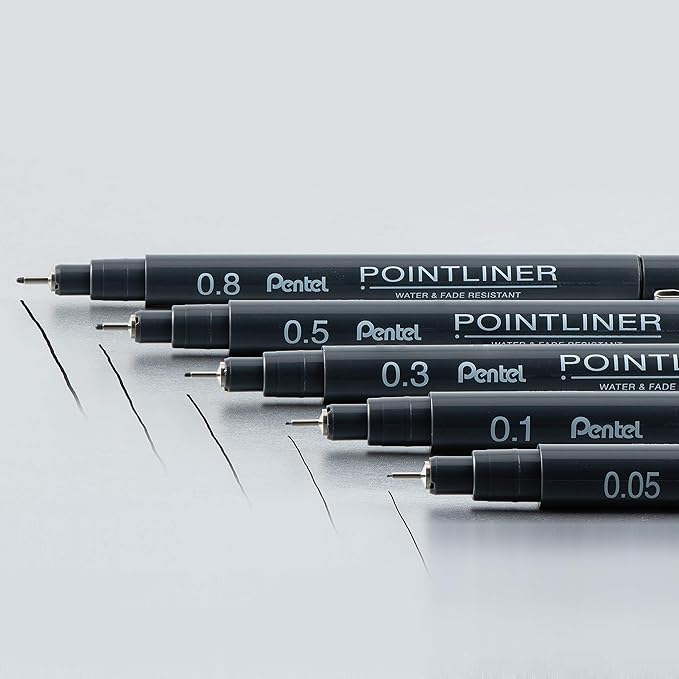 Pentel Arts Pointliner Drawing Pen, 5-Pack, Assorted Sizes, Black Ink (S20PBP5A)
