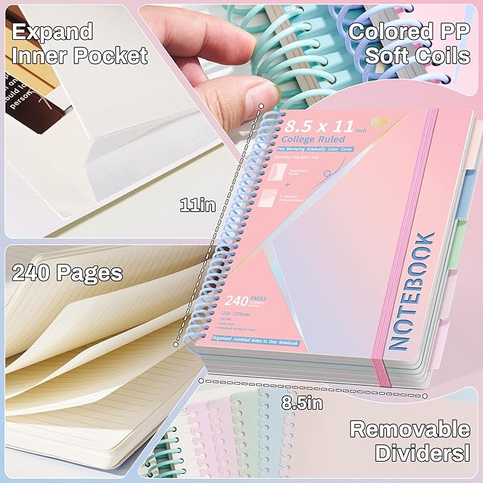 Spiral Notebook 8.5" x 11" College Ruled Hardcover Journal for Women with Removable Dividers 240 Pages 100GSM Thick Lined Journal for Writing Large 5 Subject Notebooks for School, Pink