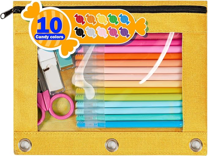 Forvencer Pencil Pouch for 3 Ring Binder, Large Pencil Case Pouch Binder | 3 Reinforced Grommets, Pen Bag, Clear Window Pencil Case, Binder Accessories, Daffodil