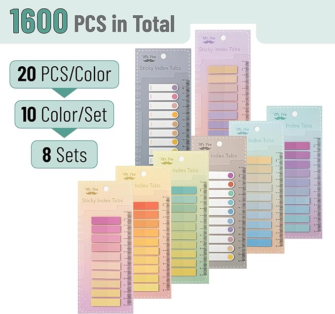 Mr. Pen- Colorful Sticky Tabs, 1600 pcs, Translucent Page Markers, Water-Resistant Book Tabs for Annotating, Bible Study, Planning, Indexing & Document Organization