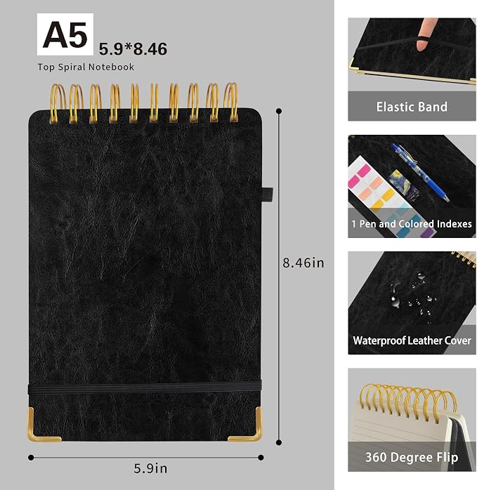Steno Pads A5 Top Spiral Notebook, Leather Hardcover Top Bound Steno Pads, 240 Pages 100 gsm Thick Lined Paper Left Handed Notebook Journal for School,Work,Meeting Writing, Black