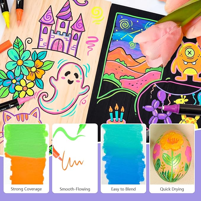 Artecho Acrylic Paint Markers 8 Fluorescent Colors, for Stone, Rock Painting, Paper, Pumpkin, Wood, Egg, Canvas, Ceramic, Fabric, leather, Glass, DIY Crafts