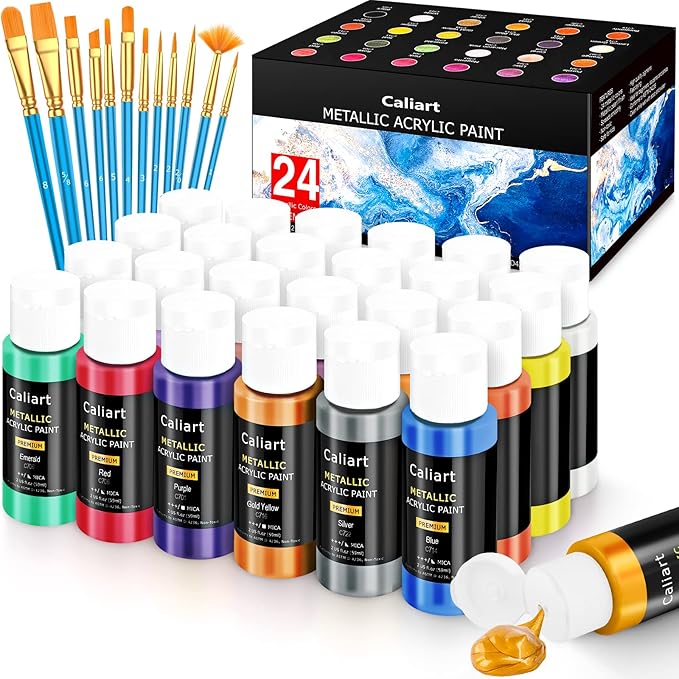 Caliart Acrylic Paint Set with 12 Brushes, 24 Metallic Colors (59ml, 2oz) Art Craft Paints for Adults Artists Beginners Painters, Canvas Halloween Pumpkin Ceramic Wood Rock Painting Kit Art Supplies