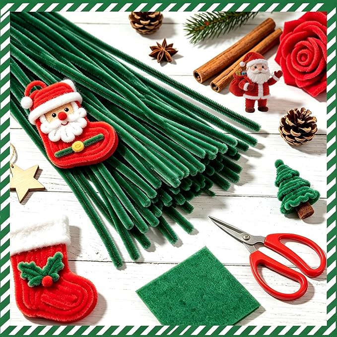 VZF Green Pipe Cleaners,200pcs Chenille Stems,Craft Pipe Cleaners,Green Chenille Stems,Set of Bulk Craft Supplies for DIY Flowers,Arts,Crafts,Decorations,Toys for Ages 5-7