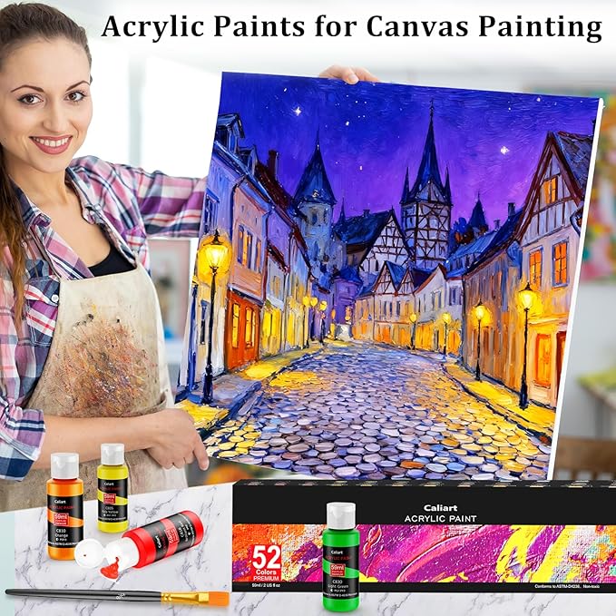 Caliart Acrylic Paint Set, 52 Colors Art Craft Paint Kits, Rich Pigments Non-toxic for Adults Artists Beginners, Canvas Ceramic Wood Rock Painting Supplies with 4 Brushes