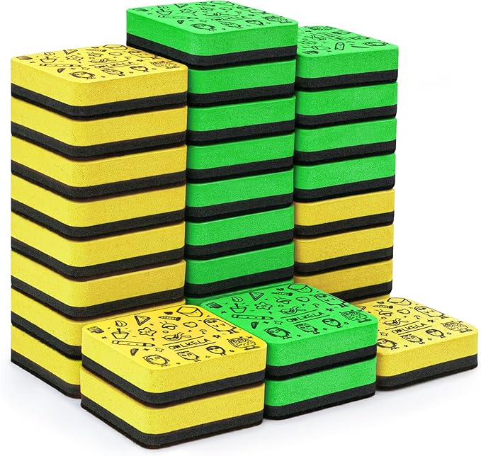 OWLKELA 30Pcs Dry Erase Erasers, Magnetic Whiteboard Eraser, Mini Whiteboard Cleaning Pads for Classroom, Office and Home, Green&Yellow