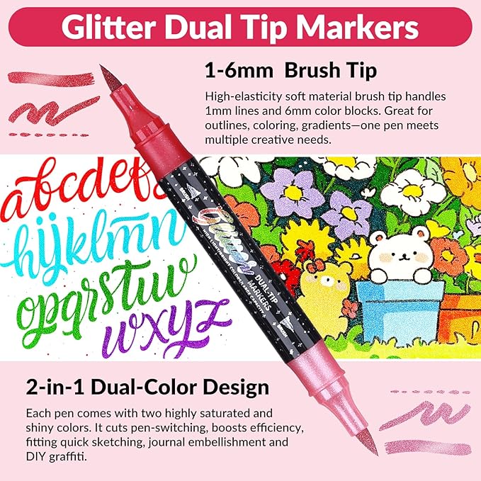 KEMYR Glitter Effect Brush Markers Pens,48 Colors Dual Tip Glitter Pens Set 24 Pack Metallic Sparkle Markers for Cards, DIY Crafts, Doodle, Writing, Adults Coloring Books, Art Supplies Scrapbooking