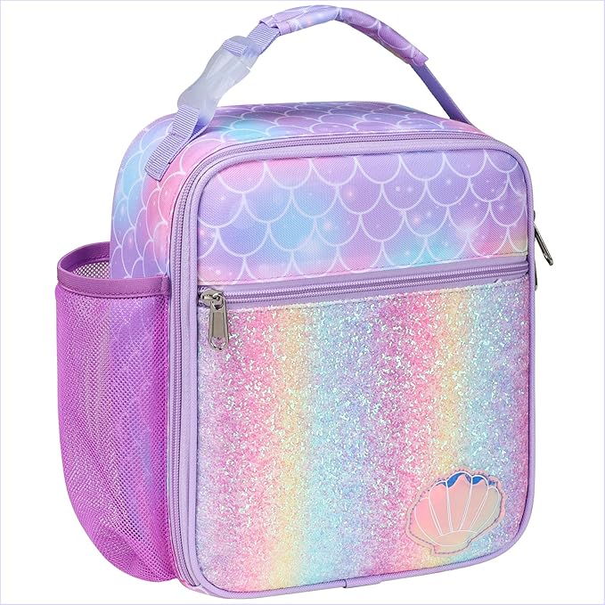 Bagseri Kids Lunch Box for Girls - Insulated Toddler Lunch Bag Fits Bento Box, Reusable Daycare Cooler Tote with Clip Handle, Water-Resistant Lining, Glitter Purple Mermaid