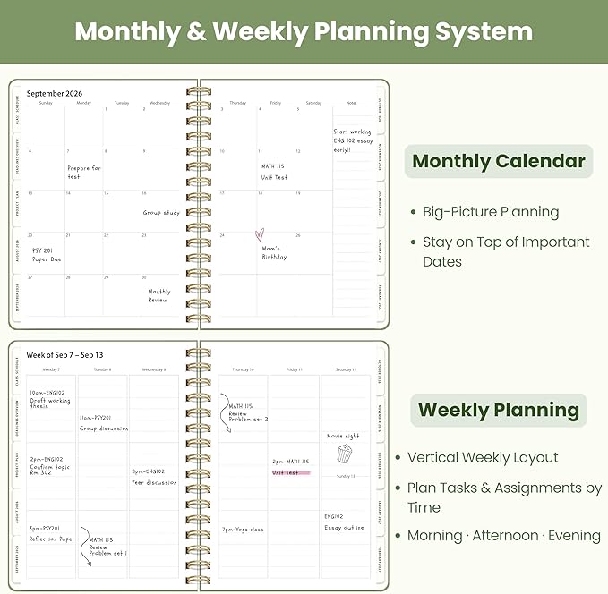 Academic Planner Aug 2026-Jul 2027, A5 Size, Student Planner with Monthly & Weekly Layout, Spiral Planner with Tabs, Class Schedule, Major Deadlines & Project Planning (Green)