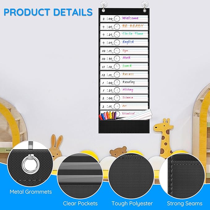 ZKOO Daily Schedule Pocket Chart, School Smart Pocket Chart with 18 Blank Double-Sided Reusable Cards, Teaching Scheduling Pocket Charts for Classroom 13+1 Pocket (Black)