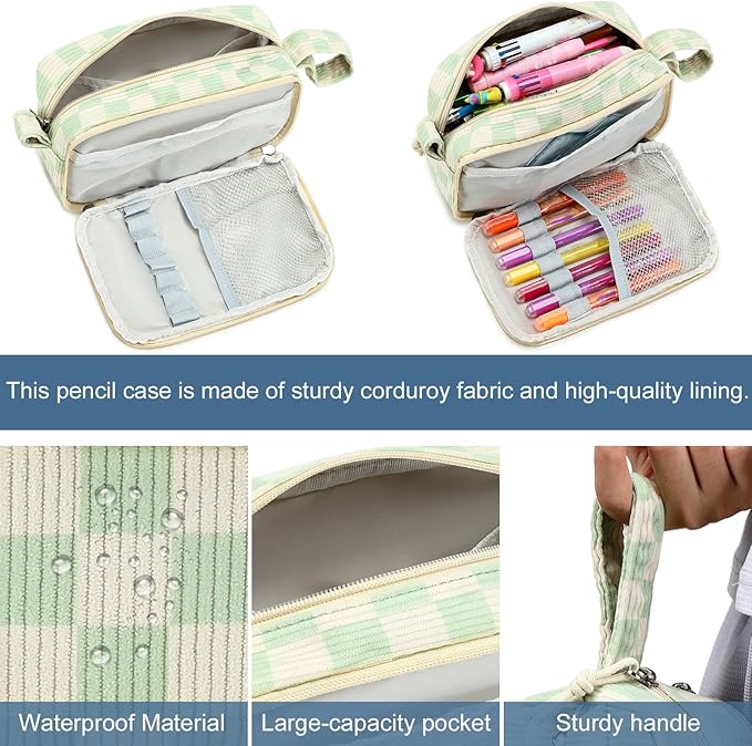 Bluboon Big Capacity Pencil Case Pencil Pouch Pen Case School Supplies Cute Pencil Box Pencil Bag for Teen Girls Boys Women Man (Green White Checkered)